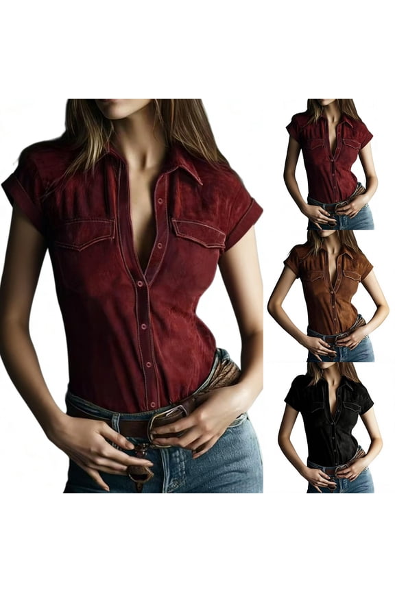 Women's Suede Long Sleeve Button Down Shirt Blouse Casual Top