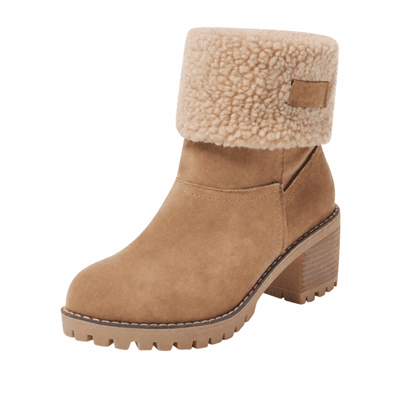 Women's Suede-Look Mid Calf Boots, Warm Fur Trim Chunky Heel Pull On Winter Booties