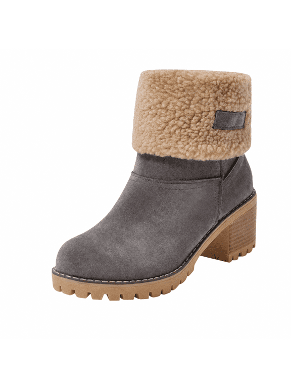 Women's Suede-Look Mid Calf Boots, Warm Fur Trim Chunky Heel Pull On Winter Booties