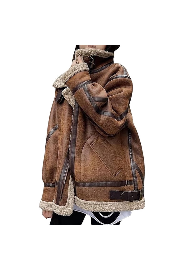 Women's Suede Moto Jacket - Oversized Lined Leather Shearling Coat for Women