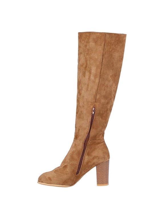 Women's Suede Over The Knee Boots Block Heel Side Zipper Chunky Heel Knee High Boots Fall Winter Warm Comfortable Boots Beige 42