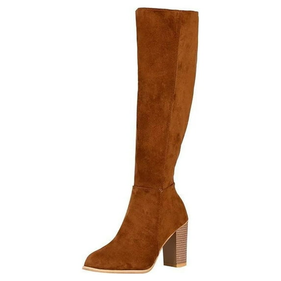 Women's Suede Over The Knee Boots Block Heel Side Zipper Chunky Heel Knee High Boots Fall Winter Warm Comfortable Boots Brown 43