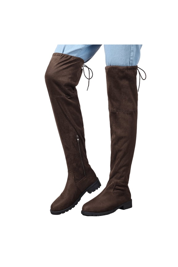 Women's Suede Over The Knee Boots Low Heel Thigh High Fall Booties Casual Non Slip Pinted Toe Dress Shoes Brown Size 8