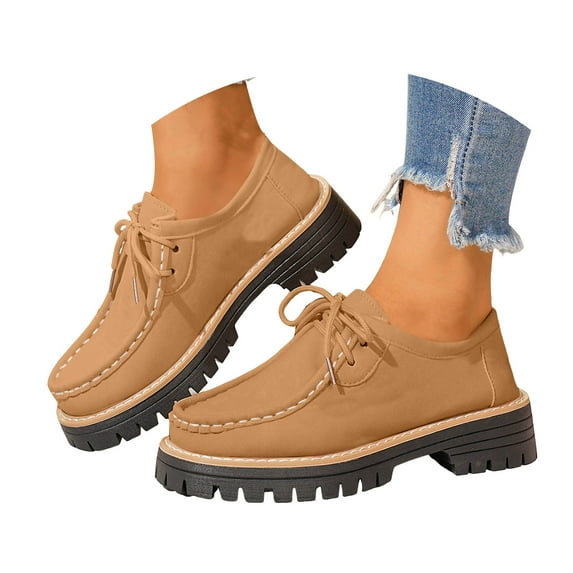 Women's Suede Penny Loafers Lace up Chunky Heel Lug Sole Slip on Casual Office Business Dress Shoes