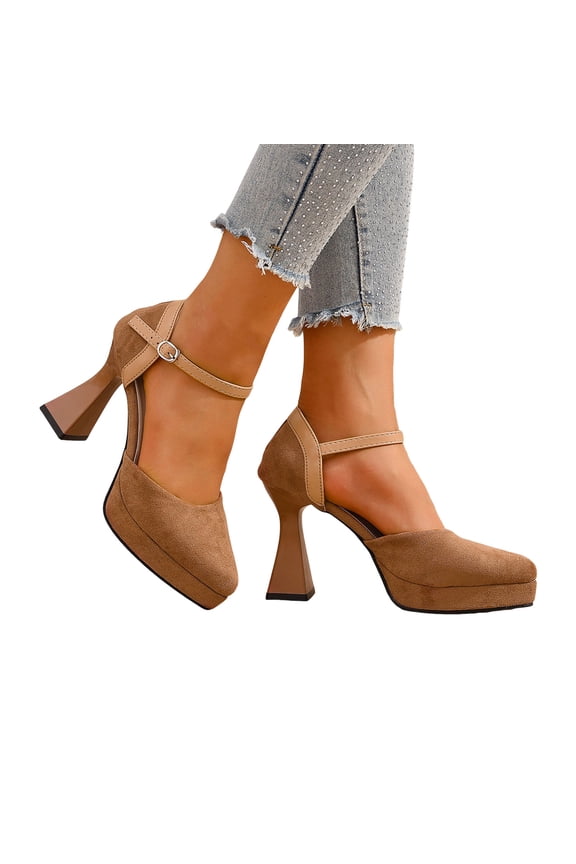Women's Suede Platform Heeled Sandals with Ankle Strap Closed Toe Dress Pumps Comfortable Non Slip Wedding Shoes Brown Size 9