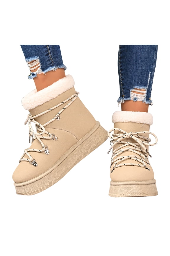 Women's Suede Platform Snow Boots Furry Lined Slip On Lace Up Winter Non Slip Thick Sole Ankle Booties
