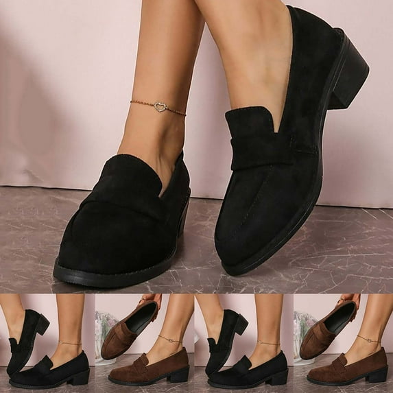 Women's Suede Pointed Toe Loafers, Retro Chunky Heel Dress Shoes, Casual Slip On Mid Heel Walking Shoes, Solid Color Comfortable Platform Loafers for Daily Wear