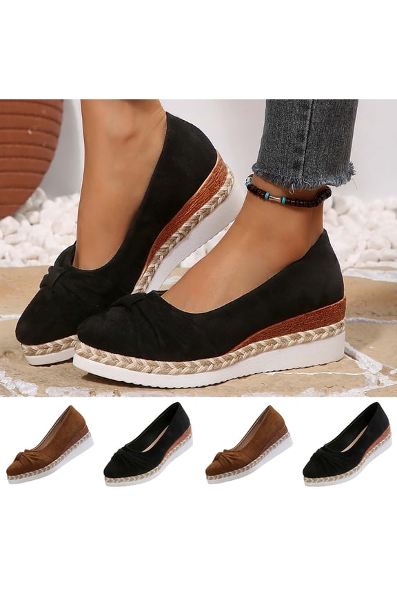 Women's Suede Pointed Toe Wedge Pumps, Raffia Trim Wedge Heel Dress Shoes, Plus Size Comfortable Wedge Heel Shoes for Spring Summer Wear