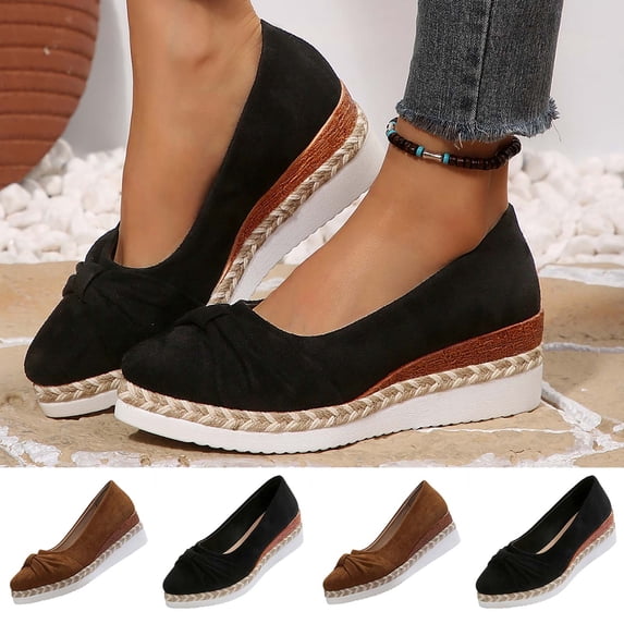 Women's Suede Pointed Toe Wedge Pumps, Raffia Trim Wedge Heel Dress Shoes, Plus Size Comfortable Wedge Heel Shoes for Spring Summer Wear