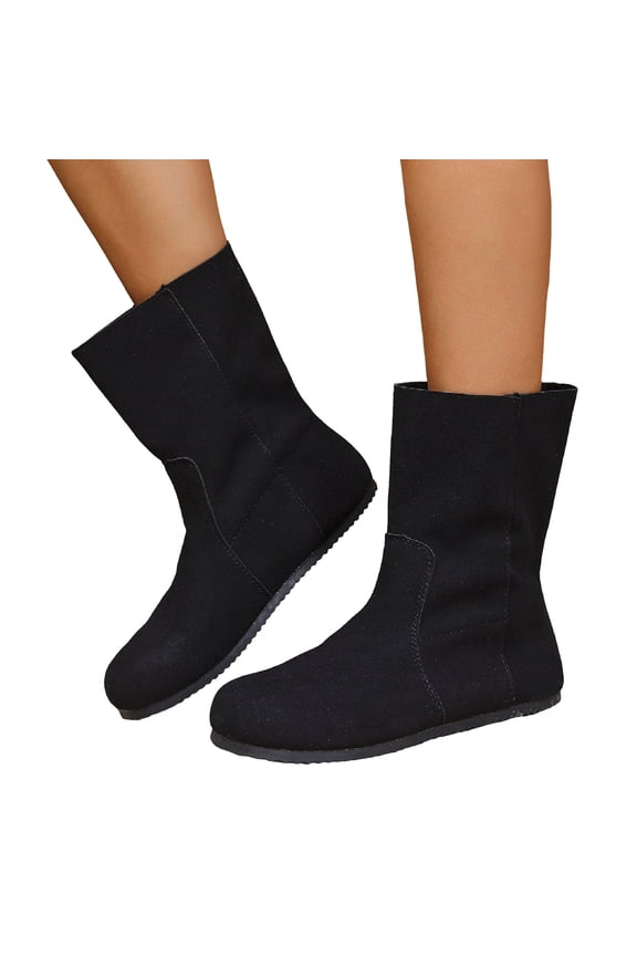 Women's Suede Pull On Mid Calf Boots Round Toe Flat Wide Calf Riding Booties Non Slip Retro Fall Winter Dress Shoes Black Size 8.5