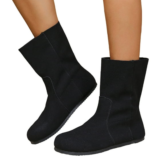 Women's Suede Pull On Mid Calf Boots Round Toe Flat Wide Calf Riding Booties Non Slip Retro Fall Winter Dress Shoes Black Size 9