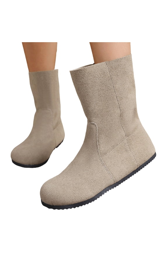 Women's Suede Pull On Mid Calf Boots Round Toe Flat Wide Calf Riding Booties Non Slip Retro Fall Winter Dress Shoes Brown Size 9