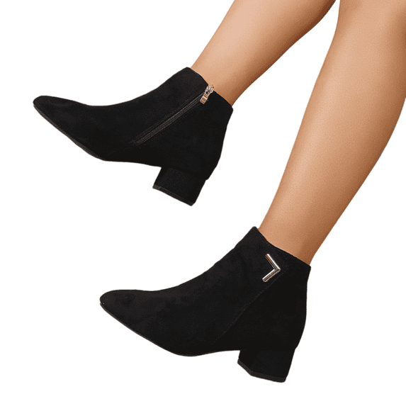 Women's Suede Side Zipper Ankle Boots, Pointed Toe Chunky Low Heel Booties, Retro V Cut Collar Short Boots for Business Casual Work, Elegant Daily Commuting Walking Shoes, Black 9