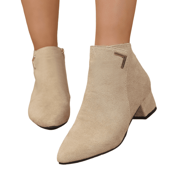 Women's Suede Side Zipper Ankle Boots, Pointed Toe Chunky Low Heel Booties, Retro V Cut Collar Short Boots for Business Casual Work, Elegant Daily Commuting Walking Shoes, Beige 5