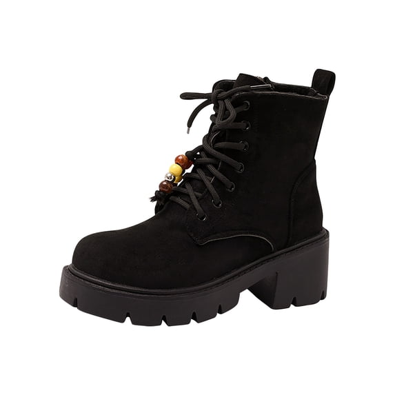 Women's Suede Side Zipper Ankle Boots with Beads Casual Round Toe Low Block Heel Lace-Up Walking Booties Fall Winter Casual Boots