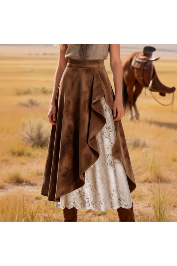 Women's Suede Skirt with Lace Trim, High Waisted Asymmetrical Slit Fringe Midi Skirt, Retro Western Style Suede Pencil Skirt for Casual and Daily Wear Brown L