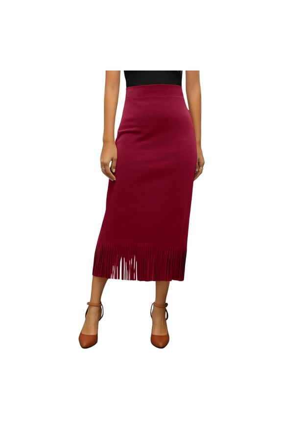 Women‘s Suede Skirt, Long Maxi Skirt with Bohemian Fringe Detail, Elegant and Flowy for Music Festivals, Fall Weddings, and Boho Chic Style. Deep Red L