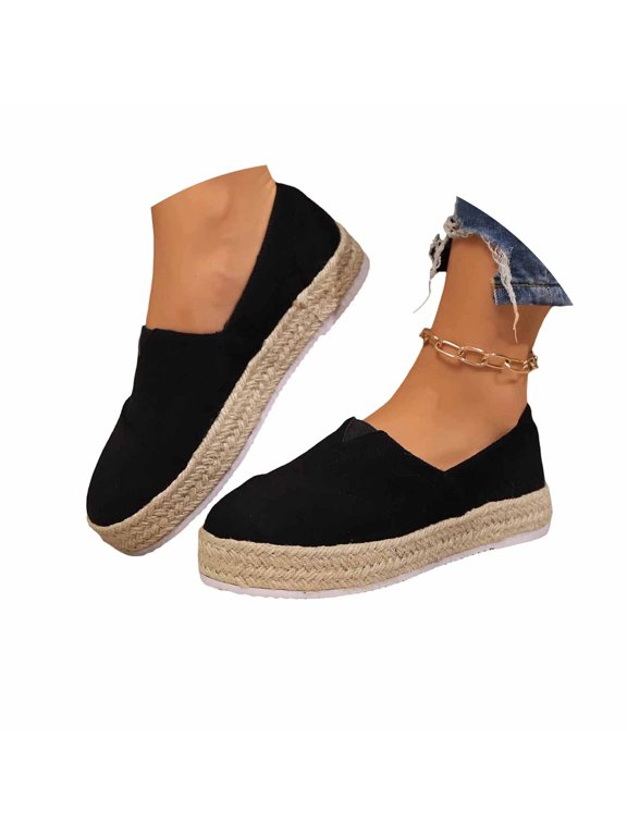 Women's Suede Slip On Espadrille Platform Flats Woven Rope Midsole Round Toe Vacation Casual Beach Flat Shoes