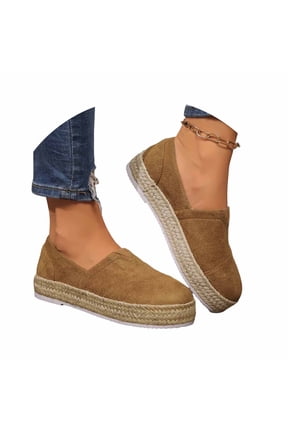 Women's Suede Slip On Espadrille Platform Flats Woven Rope Midsole Round Toe Vacation Casual Beach Flat Shoes
