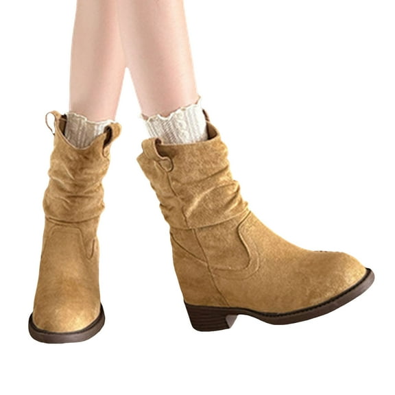 Women's Suede Slouchy Mid Calf Boots Wide Toe Box Fashion Low Heel Western Cowgirl Booties Comfortable Fall Winter Riding Boots Brown Size 7