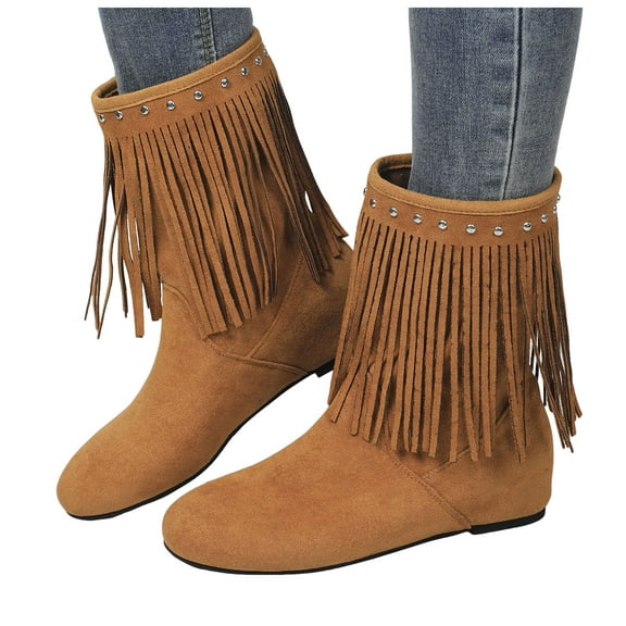 Women's Suede Tassel Ankle Boots Round Toe Fringe Dress Short Booties Slip on Chunky Heel Winter Mocassins