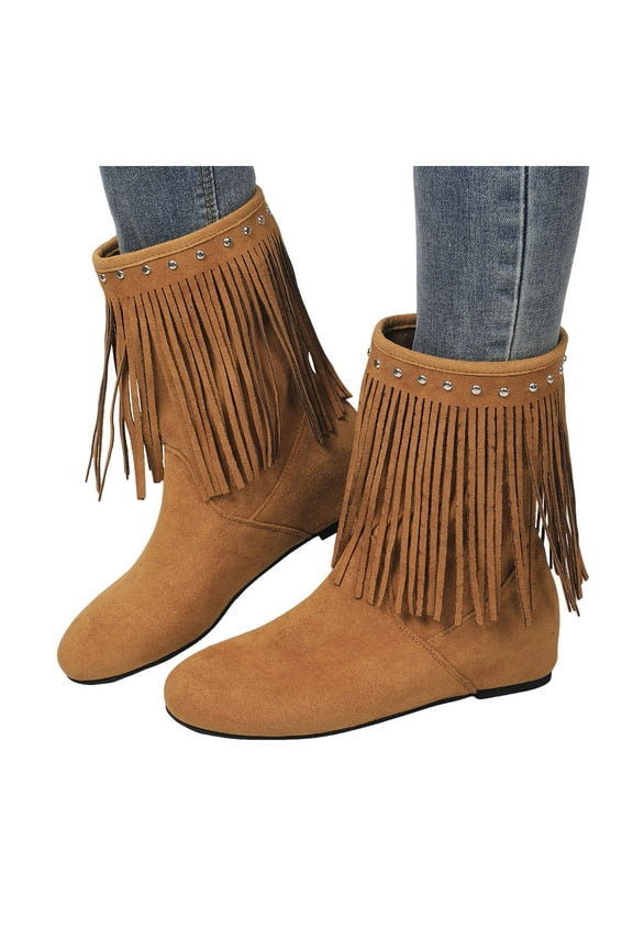 Women's Suede Tassel Ankle Boots Round Toe Fringe Dress Short Booties Slip on Chunky Heel Winter Mocassins