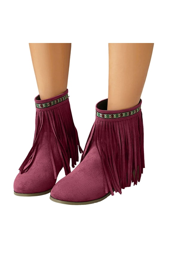 Women's Suede Tassel Ankle Boots Round Toe Fringe Dress Short Booties Slip on Chunky Heel Winter Mocassins