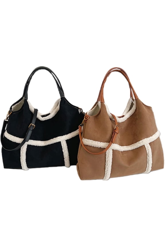 Women's Suede Tote Bag with Faux Lamb Wool Lining, Vintage Large Capacity Plush Crossbody Shoulder Bag Purse