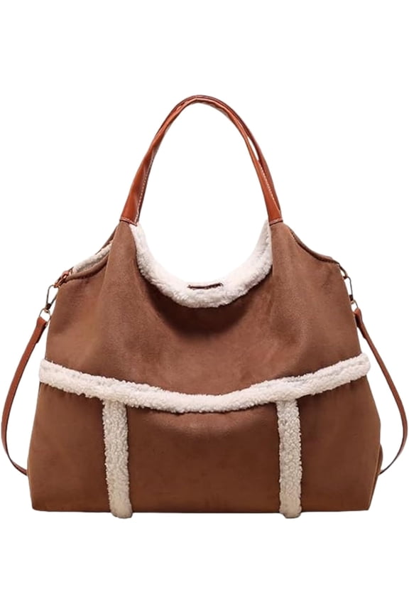 Women's Suede Tote Bag with Faux Lamb Wool Lining, Vintage Large Capacity Plush Crossbody Shoulder Bag Purse