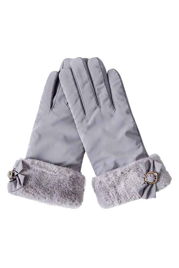 Women's Suede Touchscreen Winter Gloves, Plush Lined Warm Riding Gloves with Bow, Windproof Cold Weather Commuter Gloves, Non-Slip Palm Driving Gloves for Autumn and Winter Grey