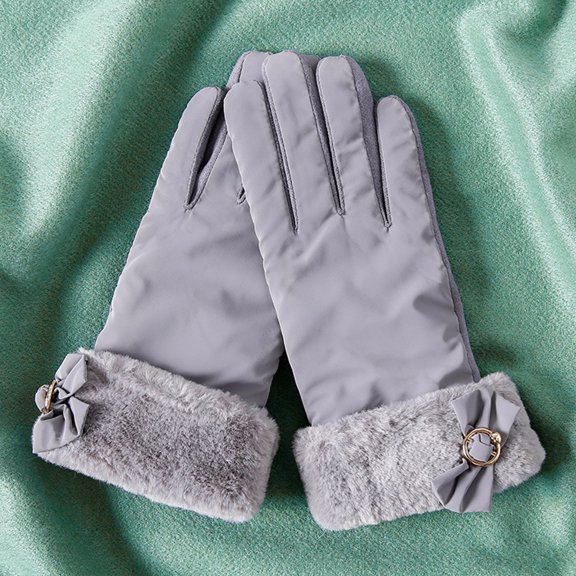 Women's Suede Touchscreen Winter Gloves, Plush Lined Warm Riding Gloves with Bow, Windproof Cold Weather Commuter Gloves, Non-Slip Palm Driving Gloves for Autumn and Winter Grey