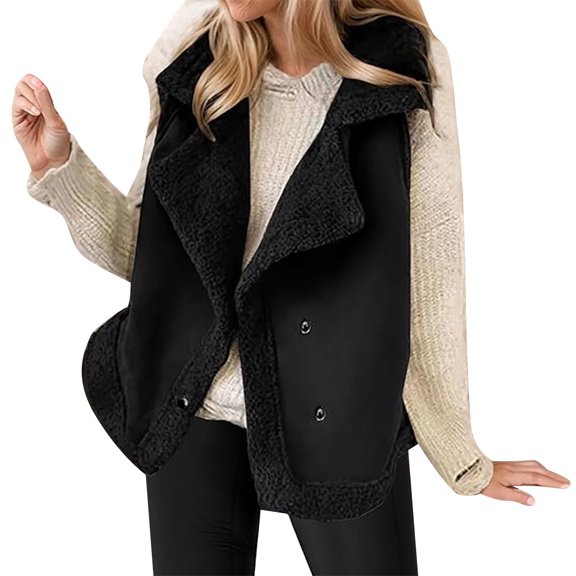 Women's Suede Vest Lambswool Coat Winter Warm Sleeveless Jacket Casual Button Down Outerwear for Cold Weather Fashion