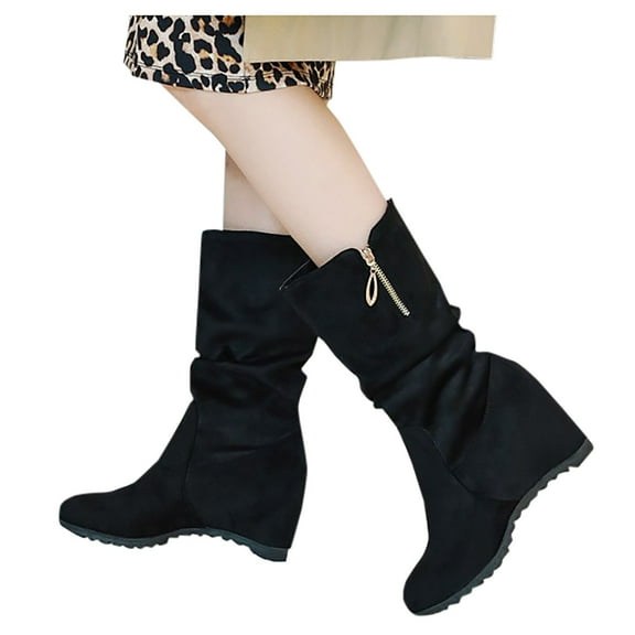 Women's Suede Wedge Boots Winter Warm Zipper Mid Calf Boots Fashion Buckle Buckle Ankle Boots Comfortable Wedge Heel Shoes Black 39