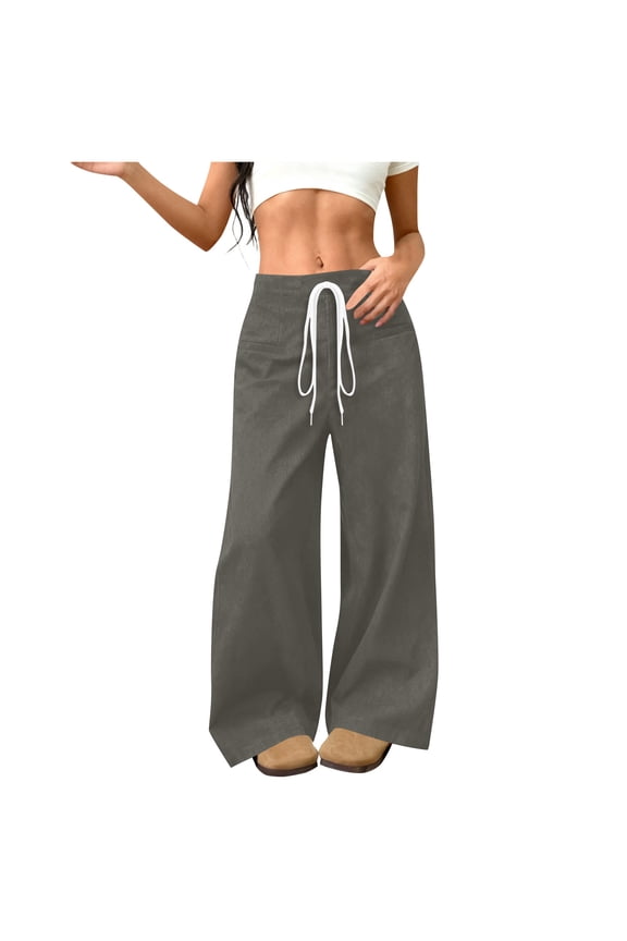 Women's Suede Wide Leg Pants Drawstring Elastic Waist Casual Trousers Straight Leg Fashion Pants with Pockets ,Gray,L
