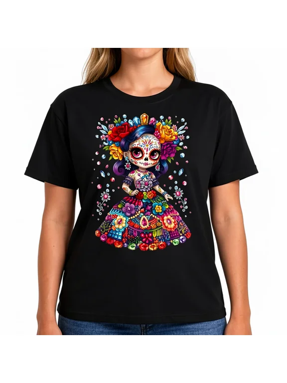 Women's Sugar Skull Girl Graphic T-Shirt, Floral Day of the Dead Casual Tee