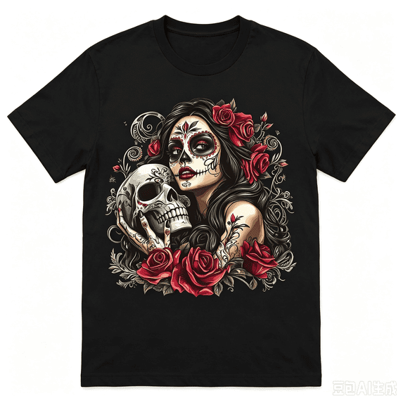 Women's Sugar Skull Graphic T‑Shirt, Rainbow Hair Silent Skeleton Print, Round Neck Short Sleeve Casual Top, Halloween T shirts