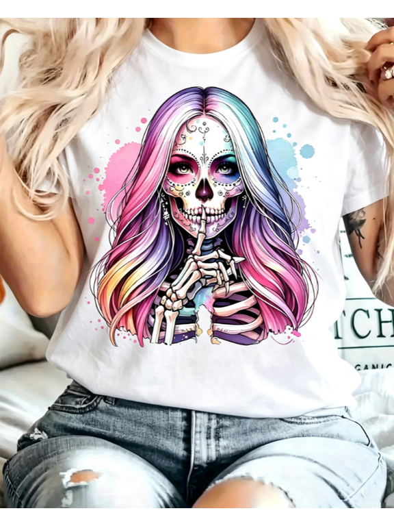 Women's Sugar Skull Graphic T‑Shirt, Rainbow Hair Silent Skeleton Print, Round Neck Short Sleeve Casual Top, Halloween T shirts