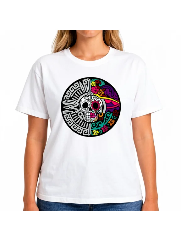 Women's Sugar Skull Warrior Graphic T-Shirt, Aztec Inspired Day of the Dead Tee