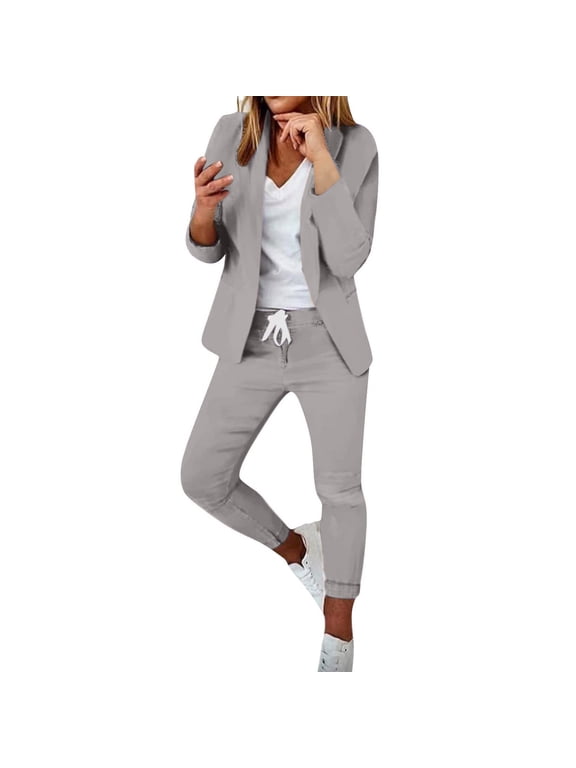 Women's Suit 2 Piece Slim Fit Blazer Set,Office Work Trouser Suits Set Womens Wedding Elegant Business Outfit Ladies Button Open Front Blazer and Straight Leg Pencil Trousers Suits