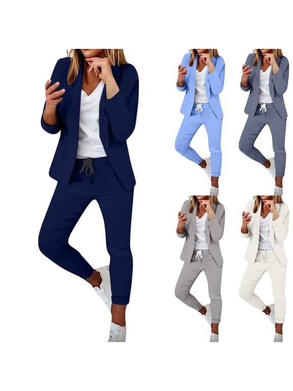 Women's Suit 2 Piece Slim Fit Blazer Set,Office Work Trouser Suits Set Womens Wedding Elegant Business Outfit Ladies Button Open Front Blazer and Straight Leg Pencil Trousers Suits