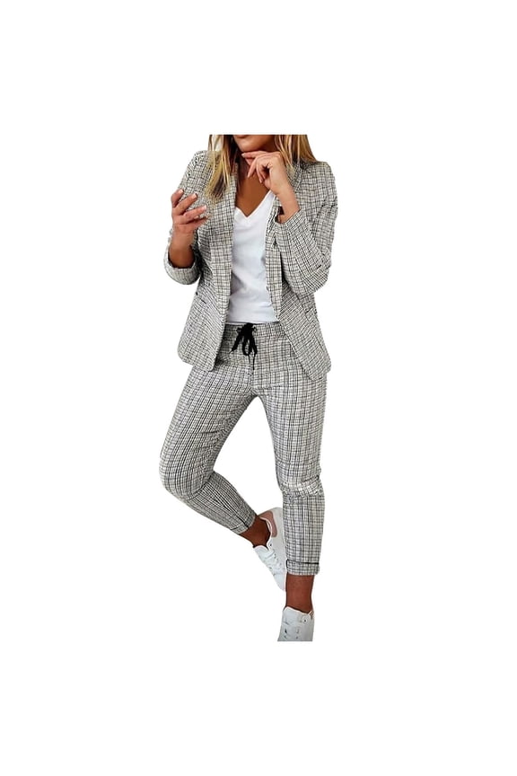 Women's Suit 2 Piece Slim Fit Blazer Set,Office Work Trouser Suits Set Womens Wedding Elegant Business Outfit Ladies Button Open Front Blazer and Straight Leg Pencil Trousers Suits