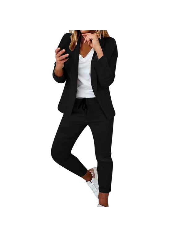 Womens Blazer Suit Set 2 Piece Outfits Casual Plain Trouser Suits Long Sleeve Open Front Blazer Jacket Trousers Solid Work Business Office Wedding Guests Casual Smart Suit Set Ladies UK