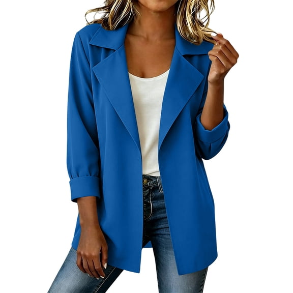 Women's Suit Blazers Pleated 3/4 Sleeve Notched Lapel Neck Jacket with Pocket Business Casual Work Office Wear (XL, Blue)