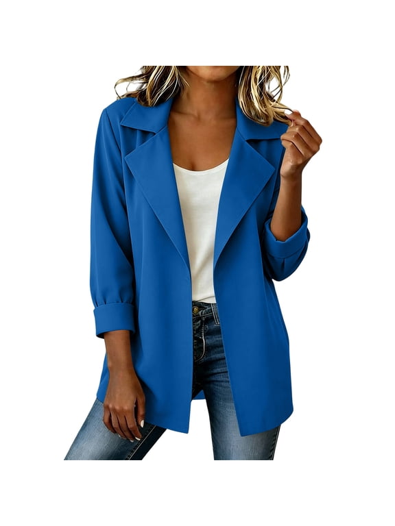 Women's Suit Blazers Pleated 3/4 Sleeve Notched Lapel Neck Jacket with Pocket Business Casual Work Office Wear (XL, Blue)