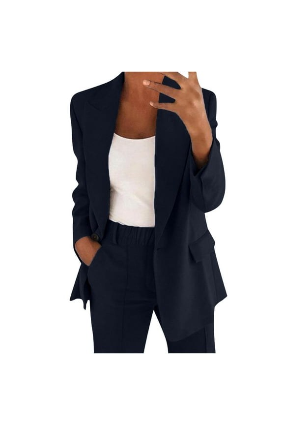 Women's Suit Coat and Pant Set Ladies Fashion Business Casual Loose Solid Long Blazer Coat & Leg Pants 2PC Suit Women Solid Long Sleeve Tops Cardigan Coat Pockets Long Pants Suit