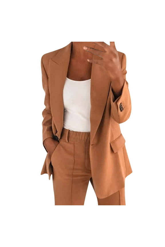 Women's Suit Coat and Pant Set Ladies Fashion Business Casual Loose Solid Long Blazer Coat & Leg Pants 2PC Suit Women Solid Long Sleeve Tops Cardigan Coat Pockets Long Pants Suit