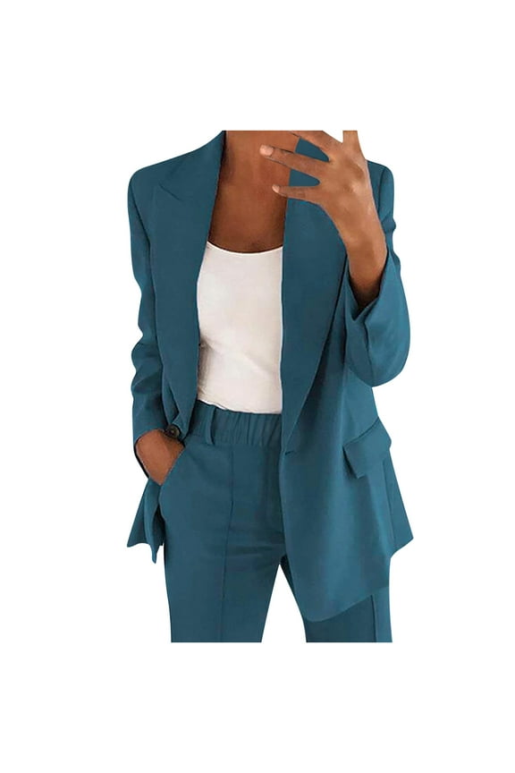 Women's Suit Coat and Pant Set Ladies Fashion Business Casual Loose Solid Long Blazer Coat & Leg Pants 2PC Suit Women Solid Long Sleeve Tops Cardigan Coat Pockets Long Pants Suit