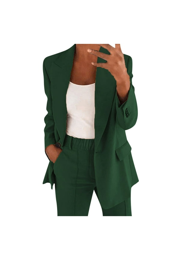 Women's Suit Coat and Pant Set Ladies Fashion Business Casual Loose Solid Long Blazer Coat & Leg Pants 2PC Suit Women Solid Long Sleeve Tops Cardigan Coat Pockets Long Pants Suit