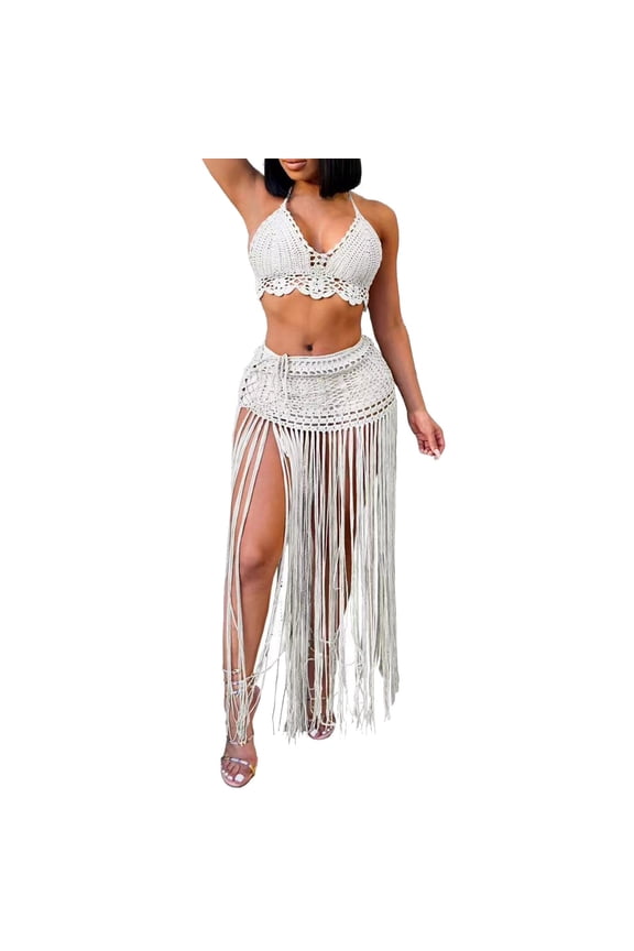 Women's Suit European And Clothes Pure Handhook Beach Bikini Top Extended Tassel Skirt Two Piece Set