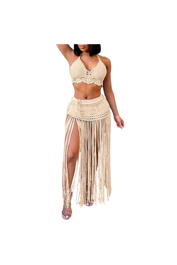 Women's Suit European And Clothes Pure Handhook Beach Bikini Top Extended Tassel Skirt Two Piece Set